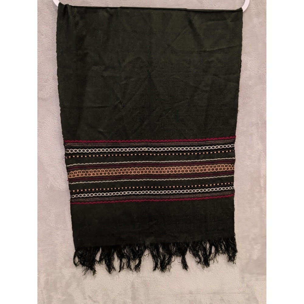 Vintage Handwoven Black Ethnic Shawl Fringe Boho Wrap Scarf 40x18